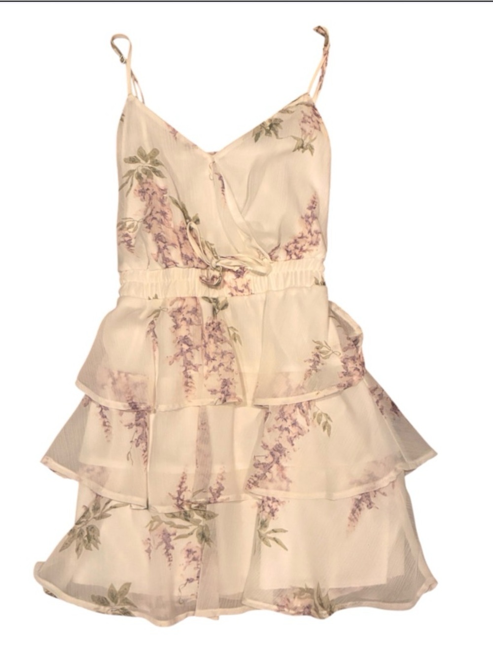 Blue Rain White Mini Dress
Lilac Flowers and Tiered Structure
Size XS